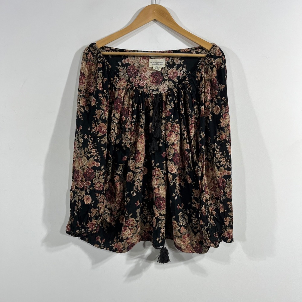 Denim & Supply Fairy Grunge Renfair Dark Floral Tassel Peasant Top XL Boho 70s